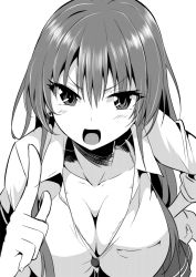 Rule 34 | 1girl, attsun (atsushi jb), breasts, cleavage, collarbone, fang, greyscale, hand on own hip, itou kaede, large breasts, leaning forward, long hair, monochrome, official art, school uniform, seifuku!, skirt, solo