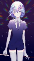 Rule 34 | 1other, androgynous, black necktie, black shorts, black thighhighs, blue hair, blush, collared shirt, cowboy shot, diamond (houseki no kuni), elbow gloves, gem uniform (houseki no kuni), gloves, hair between eyes, highres, houseki no kuni, looking at viewer, multicolored hair, necktie, p2 (uxjzz), parted lips, puffy short sleeves, puffy sleeves, shirt, short hair, short sleeves, shorts, solo, sparkle, thighhighs, white gloves, white shirt, wing collar