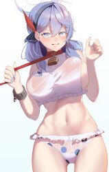 Rule 34 | 1girl, absurdres, ako (blue archive), animal collar, annoyed, bangko, bare shoulders, bell, bikini, blue archive, blue eyes, blue hair, blue hairband, blue nails, blush, breasts, collar, cowbell, cowboy shot, cuffs, ear piercing, frilled bikini, frills, furrowed brow, gluteal fold, hair between eyes, hairband, halo, hands up, highres, large breasts, leash, leash pull, long hair, looking at viewer, navel, neck bell, piercing, polka dot, polka dot bikini, revision, shackles, sideboob, simple background, solo, swimsuit, taut clothes, taut swimsuit, thighs, wide hips