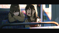 Rule 34 | 2girls, :d, absurdres, blurry, blurry background, bow, brown eyes, brown hair, brown sailor collar, brown sweater, bus interior, collarbone, commentary request, crossed arms, dated, day, depth of field, eye contact, hair between eyes, head tilt, highres, letterboxed, long hair, long sleeves, looking at another, looking back, multiple girls, open mouth, original, red bow, rolua, sailor collar, school uniform, serafuku, smile, sweater, upper body