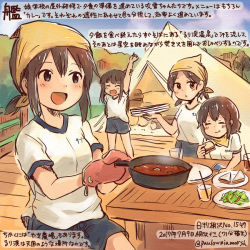 Rule 34 | 10s, 4girls, :d, ^ ^, alternate costume, black shorts, blue eyes, brown eyes, brown hair, closed eyes, colored pencil (medium), commentary request, cup, curry, dated, drink, eating, food, frying pan, fubuki (kancolle), hatsuyuki (kancolle), holding, holding food, holding plate, kantai collection, kirisawa juuzou, long hair, mittens, miyuki (kancolle), multiple girls, open mouth, plate, salad, sandwich, shirayuki (kancolle), shirt, short hair, short ponytail, short sleeves, short twintails, shorts, smile, tent, traditional media, translation request, twintails, twitter username, white shirt