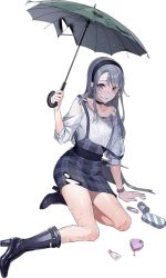 Rule 34 | 1girl, alternate costume, asymmetrical bangs, boots, drew (drew213g), full body, hair between eyes, hairband, kantai collection, long hair, official art, open mouth, purple eyes, rubber boots, sagiri (kancolle), silver hair, skirt, solo, swept bangs, tareme, torn clothes, torn skirt, transparent background, umbrella