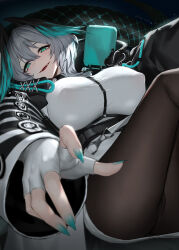 Rule 34 | 1girl, anming, arknights, black jacket, blue eyes, blue nails, breasts, brown pantyhose, covered erect nipples, dress, fingerless gloves, fingernails, gloves, grey hair, hair between eyes, head wings, highres, ho&#039;olheyak (arknights), huge breasts, jacket, long sleeves, looking at viewer, lying, on back, open clothes, open jacket, open mouth, pantyhose, reaching, reaching towards viewer, sharp fingernails, short dress, smile, solo, white dress, white gloves, wings
