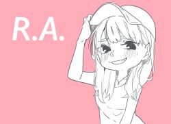 Rule 34 | 1girl, adjusting clothes, adjusting headwear, aida rikako, baseball cap, blush, commentary request, greyscale with colored background, hat, jewelry, kashikaze, long hair, looking at viewer, necklace, pink background, real life, simple background, smile, solo, voice actor