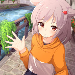 Rule 34 | 1girl, ame., azur lane, blush, breasts, bridge, canal, collarbone, commentary request, day, flower, grey hair, hair ears, hair ornament, hairclip, hand up, highres, long hair, long sleeves, looking at viewer, montpelier (azur lane), orange shirt, outdoors, parted lips, railing, red eyes, red flower, shirt, small breasts, solo, star (symbol), star in eye, symbol in eye, water, white shirt