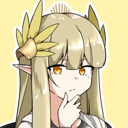 Rule 34 | 1girl, arknights, blonde hair, closed mouth, commentary request, commission, cropped, elf, eyes visible through hair, hair between eyes, hair ornament, hand on own chin, long hair, looking at viewer, mole, mole under eye, muelsyse (arknights), orange eyes, outline, pointy ears, simple background, skeb commission, solo, split mouth, thinking, upper body, white outline, xibu cai, yellow background