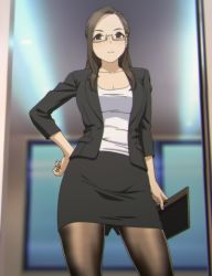 Rule 34 | 1girl, absurdres, brown eyes, brown hair, closed mouth, formal, glasses, highres, miru tights, office lady, okuzumi yuiko, pantyhose, pencil skirt, semi-rimless eyewear, skirt, skirt suit, solo, standing, stitched, suit, teacher, thighs, third-party edit