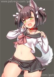 Rule 34 | 1girl, animal ears, azur lane, black hair, blush, bow, collar, collarbone, commentary request, drooling, fake animal ears, fang, gluteal fold, go-it, green eyes, hair bow, hair ribbon, looking at viewer, navel, panties, pantyshot, pleated skirt, ribbon, school uniform, serafuku, shiratsuyu (azur lane), short hair, simple background, skirt, solo, standing, standing on one leg, tail, two side up, underwear, watermark, web address, white panties, wolf tail