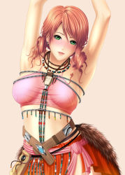 Rule 34 | 10s, 1girl, armpits, arms up, belt, blush, breasts, carrot works, earrings, final fantasy, final fantasy xiii, green eyes, hai raito, impossible clothes, impossible shirt, jewelry, midriff, necklace, oerba dia vanille, pouch, red hair, shirt, simple background, solo, taut clothes, taut shirt