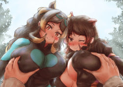 Rule 34 | 2girls, ;), animal ears, arms at sides, black hair, blonde hair, blush, bodysuit, grabbing another&#039;s breast, breasts, closed mouth, commentary request, covered erect nipples, day, extra ears, eyelashes, goggles, goggles on head, grabbing, highres, hippopotamus (kemono friends), hippopotamus ears, hippopotamus gorgops (kemono friends), kemono friends, large breasts, long sleeves, looking at viewer, multicolored hair, multiple girls, one eye closed, open clothes, outdoors, pov, pov hands, red hair, smile, teriiman, two-tone hair, unaligned breasts, unzipped, upper body, yellow eyes, zipper