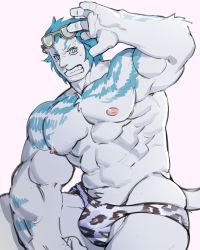 Rule 34 | 1boy, abs, bad id, bad twitter id, bara, blue hair, bulge, clenched teeth, eyewear on head, feet out of frame, final fantasy, final fantasy xiv, furry, furry male, grey fur, hand up, highres, hrothgar, jaguar print, large pectorals, looking at viewer, male focus, male swimwear, muscular, muscular male, navel, navel hair, nipples, pectorals, print male swimwear, short hair, skindentation, slit pupils, solo, stomach, sunglasses, swim briefs, tail, teeth, thick thighs, thighs, topless male, uza (hellme), warrior of light (ff14)