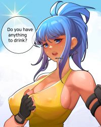 Rule 34 | 1girl, armlet, bagjunba (qkrgk198), blue eyes, blue hair, blush, breasts, corrupted twitter file, covered erect nipples, dialogue box, earrings, fingerless gloves, gloves, highres, hot, jewelry, large breasts, leona heidern, looking at viewer, nipples, ponytail, see-through, sky, sleeveless, solo, sunlight, sweat, sweatdrop, talking, tank top, the king of fighters, the king of fighters xiv, the king of fighters xv, triangle earrings, yellow tank top