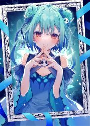 Rule 34 | 1girl, animal print, bare shoulders, blue dress, blush, bow, breasts, butterfly print, colored tips, commentary request, detached sleeves, double bun, dress, earrings, green hair, hair bun, hair ornament, highres, hololive, jewelry, long hair, looking at viewer, multicolored hair, open mouth, oshioshio, red eyes, ribbon, short hair, skull hair ornament, smile, solo, uruha rushia, uruha rushia (1st costume), virtual youtuber