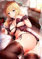 Rule 34 | 1girl, 3:, arm garter, ass, babydoll, bare shoulders, blonde hair, blue eyes, blush, breasts, brown panties, brown thighhighs, closed mouth, duplicate, fingers to mouth, floral print, garana, hip focus, idolmaster, idolmaster cinderella girls, lace, lace-trimmed legwear, lace trim, large breasts, lens flare, light particles, light rays, lingerie, long hair, looking at viewer, lying, nail polish, navel, ohtsuki yui, on bed, on side, panties, pillow, pink nails, revealing clothes, side-tie panties, solo, stenciled rose, sweat, swept bangs, thighhighs, thighs, underwear, wavy hair, window, wrist cuffs