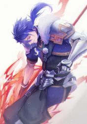 Rule 34 | 1boy, armor, asymmetrical gloves, belt, blue hair, codpiece, crescent, crescent necklace, cu chulainn (fate), cu chulainn (fate) (all), cu chulainn (fate/prototype), earrings, fate/prototype, fate (series), floating hair, fur, gae bolg (fate), gauntlets, gloves, grin, highres, holding, holding polearm, holding weapon, jewelry, long hair, looking back, male focus, necklace, pants, pauldrons, polearm, ponytail, puffy pants, red eyes, short sleeves, shoulder armor, simple background, smile, solo, weapon