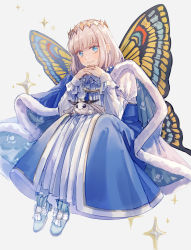 Rule 34 | 1boy, blue cape, blue eyes, blush, bug, butterfly wings, cape, closed eyes, diamond hairband, fairy, fate/grand order, fate (series), fur-trimmed cape, fur trim, highres, insect, insect wings, looking at viewer, male focus, medium hair, moth, oberon (fate), shichimi (ftlvampire32), silver hair, smile, solo, white background, wings