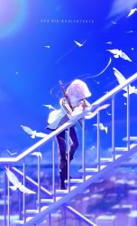 Rule 34 | 1boy, absurdres, anniversary, arumao, backlighting, bird, blue sky, character name, chinese commentary, commentary request, highres, holding, holding sword, holding weapon, katana, looking at viewer, male focus, pink eyes, pink hair, sheath, sheathed, sky, stairs, standing, sword, vocaloid, vy2, weapon, white bird, wide shot