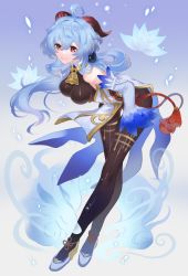 Rule 34 | ahoge, bare shoulders, bell, black legwear, blue hair, bodystocking, bodysuit, bow, bowtie, breasts, chinese knot, curled horns, detached sleeves, flower, flower knot, ganyu (genshin impact), genshin impact, gold trim, high heels, highres, horns, kippeijii, leaning, leaning forward, long hair, looking at viewer, low ponytail, medium breasts, multicolored eyes, neck bell, qilin (mythology), sidelocks, smile, solo, tassel, thigh gap, thighlet, vision (genshin impact), white sleeves