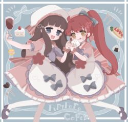 Rule 34 | 2girls, :d, apron, blue background, blue eyes, brown eyes, brown hair, cake, cake slice, collared dress, cup, dress, drinking glass, food, food on face, foot out of frame, fork, frilled apron, frills, full body, hat, highres, holding, holding cup, holding food, kira (kiratwins), kurosu aroma, long hair, looking at viewer, multiple girls, omelet, omurice, onigiri, open mouth, pantyhose, pink dress, ponytail, pretty series, pripara, puffy short sleeves, puffy sleeves, red hair, shiratama mikan, shoes, short sleeves, smile, spoon, standing, standing on one leg, tongue, tongue out, white apron, white hat, white pantyhose, wine glass