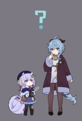 Rule 34 | 2girls, aged down, animal ears, bag, bell, black legwear, blue hair, boots, braid, braided ponytail, capelet, closed mouth, coat, coin hair ornament, cup, dress, full body, ganyu (genshin impact), genshin impact, hair ornament, hat, highres, horns, korean commentary, long hair, marimo jh, multiple girls, neck bell, ofuda, pantyhose, parted lips, pink eyes, purple dress, purple hair, qiqi (genshin impact), simple background, standing, steam, tail, vision (genshin impact)