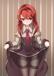 Rule 34 | 1girl, 3:, bad id, bad pixiv id, blush, bow, clothes lift, dress, dress lift, hair bow, hairband, long hair, necktie, original, pantyhose, red eyes, red hair, solo, tama (tamatamo), thighband pantyhose, twintails