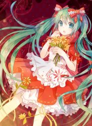 Rule 34 | 1girl, bow, dress, flower, green eyes, green hair, hair bow, hatsune miku, long hair, looking at viewer, matching hair/eyes, open mouth, r5122007, solo, twintails, very long hair, vocaloid