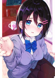 Rule 34 | 1girl, arm support, black hair, black skirt, blue bow, blue bowtie, blue cardigan, blue eyes, blurry, blush, book, bookshelf, bow, bowtie, breasts, brown pantyhose, buttons, cardigan, collared shirt, commentary request, cup, depth of field, hair between eyes, hair ornament, hairclip, hand up, highres, indoors, light particles, long sleeves, looking at viewer, medium breasts, miniskirt, moe2019, mole, mole under eye, mug, original, pantyhose, parted lips, pleated skirt, rouka (akatyann), school uniform, shirt, short hair, sidelocks, sitting, skirt, smile, solo, striped bow, striped bowtie, striped clothes, striped neckwear, undershirt, white shirt, yokozuwari