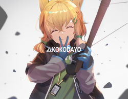 Rule 34 | 1girl, ^ ^, animal ears, arknights, blonde hair, blue gloves, bow (weapon), closed eyes, commentary, crossbow, closed eyes, facing viewer, female focus, finger to mouth, gloves, green shirt, hair ornament, hairclip, holding, holding bow (weapon), holding crossbow, holding weapon, id card, jacket, kroos (arknights), lanyard, long hair, open clothes, open jacket, romaji text, shirt, sl86, smile, solo, upper body, v, weapon