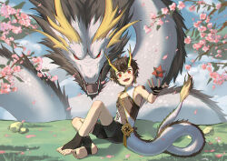 Rule 34 | 1boy, animal ears, bare shoulders, bike shorts, black shorts, brown hair, character request, check copyright, cherry blossoms, copyright request, dragon, dragon boy, dragon horns, flower, full body, grass, horns, in tree, looking at viewer, male focus, open mouth, original, outdoors, petals, pointy ears, qaqemil, scenery, sharp teeth, short hair, shorts, sitting, sleeveless, smile, solo, tail, teeth, tree