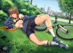 Rule 34 | absurdres, amane suzuha, artist request, bike shorts, breasts, breasts out, highres, lying, nipple piercing, piercing, steins;gate, tagme, tomboy
