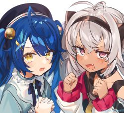 Rule 34 | 2girls, absurdres, ahoge, amamiya kokoro, animal ears, antenna hair, bell, beret, black collar, black hairband, blue hair, blush, cat ears, clenched hands, collar, fake animal ears, fang, frilled collar, frills, grey hair, hair bell, hair ornament, hairband, hat, highres, jingle bell, long hair, looking at viewer, matsukai mao, multiple girls, neck ribbon, nijisanji, ninahachi, off-shoulder shirt, off shoulder, open mouth, own hands together, pink eyes, ribbon, shirt, simple background, tearing up, twintails, twitter username, upper body, virtual youtuber, wavy mouth, x hair ornament, yellow eyes