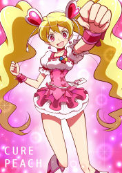 Rule 34 | 00s, 1girl, arm up, blonde hair, boots, bow, character name, choker, clenched hand, clenched hands, corset, cure peach, fresh precure!, hair ornament, heart, heart hair ornament, knee boots, long hair, magical girl, momozono love, pink background, pink bow, pink eyes, pink skirt, precure, shirono, skirt, smile, solo, sparkle, twintails, wrist cuffs