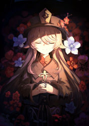 Rule 34 | 1girl, absurdres, brown coat, brown hair, brown hat, closed eyes, closed mouth, coat, commentary, cowboy shot, english commentary, expressionless, facing viewer, flower, flower bed, genshin impact, hands on own stomach, hat, hat flower, highres, hu tao (genshin impact), jewelry, long hair, long sleeves, multiple rings, nail polish, own hands together, plum blossoms, porkpie hat, red nails, red shirt, ring, shirt, solo, xiaokaxiaok