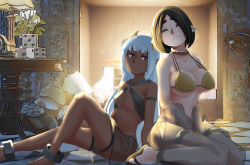 Rule 34 | 2girls, armor, back-to-back, bikini armor, black hair, breasts, closed mouth, curled horns, dark-skinned female, dark skin, demon girl, demon horns, closed eyes, horns, indoors, large breasts, long hair, looking at viewer, medium hair, multiple girls, niseoto, o-ring, o-ring top, original, pointy ears, sitting, small breasts, smile, thigh strap, wariza, white hair