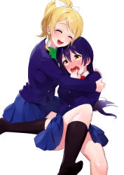 Rule 34 | 2girls, absurdres, ayase eli, blonde hair, blue hair, blush, bow, bowtie, closed eyes, commentary, embarrassed, green bow, green bowtie, hair between eyes, hair ribbon, highres, hug, long hair, long sleeves, love live!, love live! school idol project, multiple girls, nanatsu no umi, no shoes, otonokizaka school uniform, ponytail, red bow, red bowtie, ribbon, school uniform, scrunchie, simple background, sitting, sonoda umi, symbol-only commentary, white background, white scrunchie, winter uniform, yellow eyes