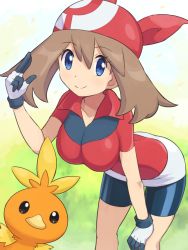 Rule 34 | 1girl, bandana, bike shorts, blue eyes, breasts, brown hair, closed mouth, commentary request, creatures (company), eyelashes, game freak, gen 3 pokemon, gloves, hair between eyes, hand on own knee, hand up, highres, large breasts, leaning forward, looking at viewer, may (pokemon), medium breasts, nintendo, pokemoa, pokemon, pokemon (anime), pokemon (creature), pokemon rse (anime), red bandana, red shirt, shirt, short sleeves, smile, torchic