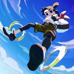 Rule 34 | 1boy, belt, black eyes, black hair, black pantyhose, blue sky, camouflage, camouflage shorts, cloud, cloudy sky, day, double bun, from below, hair bun, hands in pockets, highres, kunitarou-art, pantyhose under shorts, long sleeves, looking at viewer, male focus, nezha (the legend of luoxiaohei), outdoors, pantyhose, puffy long sleeves, puffy sleeves, shoes, shorts, sky, solo, luo xiaohei zhanji, upshirt