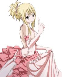 Rule 34 | 1girl, black eyes, blonde hair, breasts, dress, elbow gloves, fairy tail, formal, frills, gloves, hair ornament, index finger raised, looking at viewer, lucy heartfilia, pink dress, ribbon, sideboob, smile, solo, transparent background
