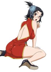 Rule 34 | 1girl, ass, back, bare arms, bare legs, bare shoulders, black footwear, black hair, blush, brown eyes, china dress, chinese clothes, dress, embarrassed, female focus, glasses, hair ornament, high heels, ikkitousen, looking at viewer, looking back, open mouth, red dress, rikuson hakugen, simple background, sitting, solo, thick thighs, thighs, tongue, wariza, white background