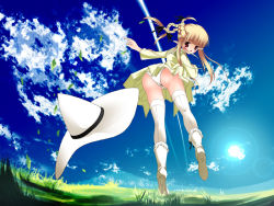 Rule 34 | 1girl, ass, player character (mabinogi), blonde hair, blush, boots, braid, cameltoe, character request, cloud, day, dress, elf, from behind, full body, high heels, leaf, lens flare, long hair, looking back, mabinogi, outdoors, panties, pointing, pointy ears, red eyes, shoes, sky, solo, sun, thighhighs, underwear, upskirt, white panties, white thighhighs, wind