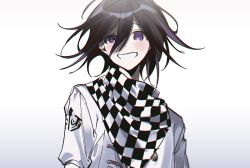 Rule 34 | 1boy, black hair, blush, buttons, checkered clothes, checkered neckwear, checkered scarf, commentary request, danganronpa (series), danganronpa v3: killing harmony, grey background, grey jacket, grin, hair between eyes, hambagseu, jacket, looking at viewer, male focus, medium hair, oma kokichi, purple eyes, scarf, smile, solo, straitjacket, upper body