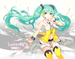 Rule 34 | 1girl, apring, bad id, bad pixiv id, character name, collar, detached collar, floating hair, green eyes, green hair, green nails, hatsune miku, headset, long hair, looking at viewer, matching hair/eyes, nail polish, navel, necktie, shorts, smile, solo, sparkle, thigh gap, thighhighs, twintails, very long hair, vocaloid, yellow (vocaloid), yellow thighhighs