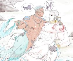 Rule 34 | 2boys, abs, bara, black sclera, bodypaint, bracer, bruise, cloaca, colored sclera, completely nude, earrings, fins, fish tail, fle0423, full body, head fins, highres, hoop earrings, injury, interspecies, jewelry, large pectorals, male focus, mature male, merman, monster boy, multiple boys, muscular, muscular male, navel, necklace, nipple piercing, nipple rings, nipples, nude, original, pectoral docking, pectoral press, pectorals, piercing, pointing, pointing to the side, reverse newhalf, reverse newhalf with reverse newhalf, shell, shell necklace, short hair, stomach, tail, undercut, unfinished, white hair, yaoi