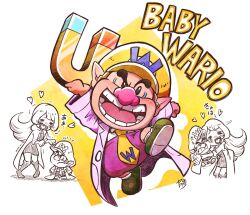 Rule 34 | &gt; &lt;, 1boy, 1girl, aged down, anger vein, baby wario, big nose, black eyes, blue eyeshadow, blush, boots, brown hair, character name, child, clenched hand, clenched teeth, closed eyes, closed mouth, coat, coattails, collared shirt, commentary request, dr. mario (game), dr. mario world, dress, eyeshadow, frown, hat, heart, heart in mouth, highres, holding, hood, hood down, hooded coat, knee boots, lab coat, leg up, long hair, long sleeves, looking at viewer, magnet, makeup, mario (series), mona (warioware), motion blur, motion lines, neckerchief, nintendo, notice lines, open mouth, outstretched arm, oversized clothes, pentagon (shape), pink coat, pocket, pointy ears, purple shorts, shadow, shirt, shoes, short dress, short hair, shorts, signature, smile, socks, solid oval eyes, soylent green (foodstuff), teeth, thick eyebrows, trembling, turning head, wario, warioware, white background, white shirt, white socks, wide sleeves, yamato koara, yellow headwear, yellow neckerchief