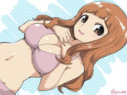 Rule 34 | 1girl, bikini, blue background, blunt bangs, blush, breasts, cleavage, dutch angle, girls und panzer, hands on own chest, highres, large breasts, light blush, long hair, looking at viewer, navel, one-hour drawing challenge, open mouth, orange eyes, orange hair, pink bikini, polka dot, polka dot background, smile, solo, standing, swimsuit, takebe saori, upper body, yabai gorilla