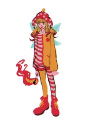 Rule 34 | 1girl, clownpiece, cosplay, facepaint, full body, hat, jester cap, konoha217, lips, looking at viewer, mcdonald&#039;s, multicolored clothes, polka dot headwear, red eyes, red footwear, ronald mcdonald, ronald mcdonald (cosplay), simple background, solo, standing, striped, torch, touhou, white background, wings