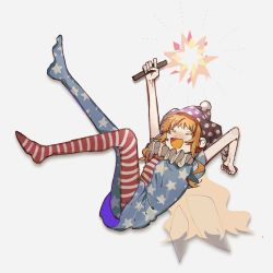 Rule 34 | &gt; &lt;, &gt;o&lt;, 1girl, ^ ^, ^o^, american flag, american flag dress, american flag legwear, american flag print, american flag shirt, aradu chan, blonde hair, closed eyes, clownpiece, dress, fairy, fairy wings, fire, frilled shirt collar, frills, hat, highres, holding, holding torch, jester cap, leggings, long hair, neck ruff, one-hour drawing challenge, pantyhose, polka dot headwear, print shirt, purple headwear, star (symbol), star print, striped clothes, striped dress, striped pantyhose, torch, touhou, wings