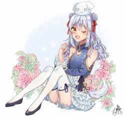 Rule 34 | 1boy, ;d, absurdres, bad id, bad pixiv id, blue footwear, blue hair, blush, bow, casual, china dress, chinese clothes, crossdressing, dog tail, double bun, dress, flats, footwear bow, full body, girly boy, hair bun, highres, inuyama tamaki, looking at viewer, male focus, noripro, one eye closed, open mouth, shoes, short dress, sitting, skirt, smile, socks, solo, suzu castella (tyoru), tail, thighhighs, trap, virtual youtuber, white socks