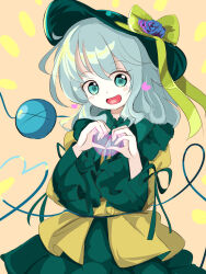 Rule 34 | 1girl, blouse, blue flower, blue rose, bow, brown background, commentary request, cowboy shot, flower, frilled sleeves, frills, green eyes, green hair, green ribbon, green skirt, happy, harakune (mugennero), hat, hat bow, hat flower, hat ribbon, head tilt, heart, heart hands, highres, juliet sleeves, komeiji koishi, long sleeves, looking at viewer, one-hour drawing challenge, open mouth, puffy sleeves, ribbon, rose, shirt, simple background, skirt, sleeve ribbon, solo, third eye, touhou, wide sleeves, yellow shirt