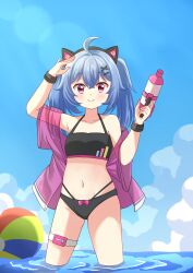 Rule 34 | 1girl, absurdres, animal ears, ball, belly, bikini, blue hair, blush, blush stickers, chiaki katsumi, cloud, cloudy sky, commission, fake animal ears, hair ornament, hairclip, highres, jacket, looking at viewer, navel, pink eyes, pixellink, sky, smile, solo, sunlight, swimsuit, virtual youtuber, water, water gun